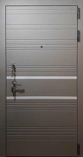 Стальная квартирная дверь с панелями МДФ серого цвета с полосами