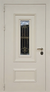 Входная термодверь с узким стеклом, ковкой, металлофиленкой и порошковым покрытием
